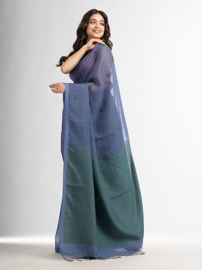 Women's Blue slate grey resham cotton kota check all over Buti jacquqrd Pallu handwoven saree
