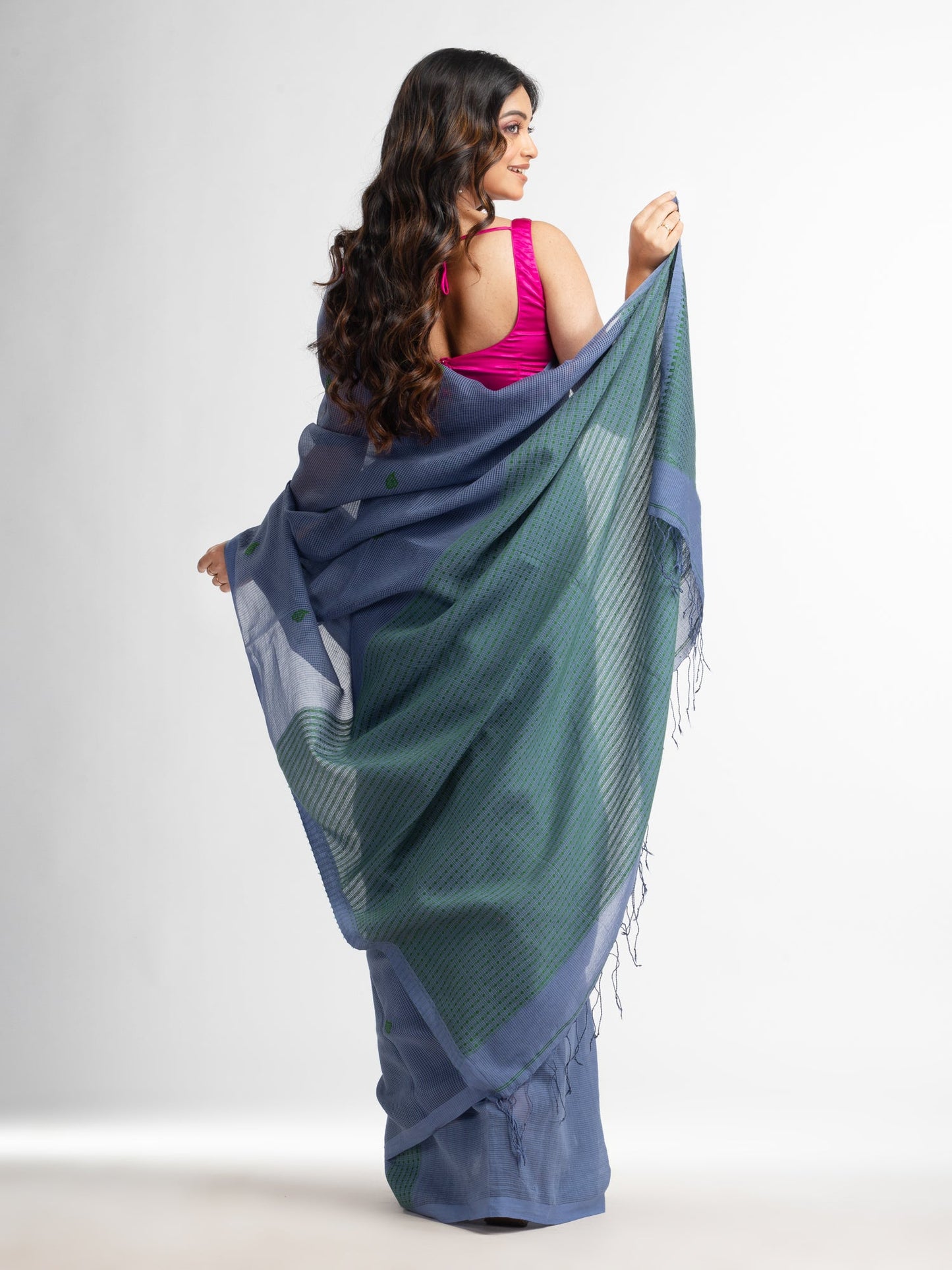 Women's Blue slate grey resham cotton kota check all over Buti jacquqrd Pallu handwoven saree