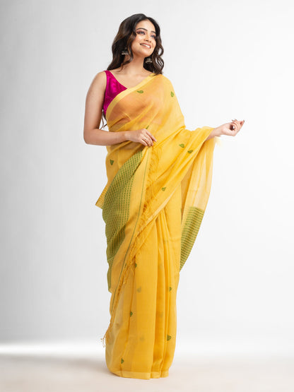 Women's Yellow resham cotton kota check all over Buti jacquqrd Pallu handwoven saree