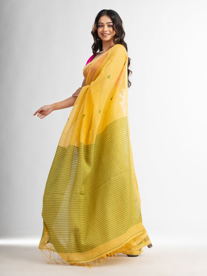Women's Yellow resham cotton kota check all over Buti jacquqrd Pallu handwoven saree