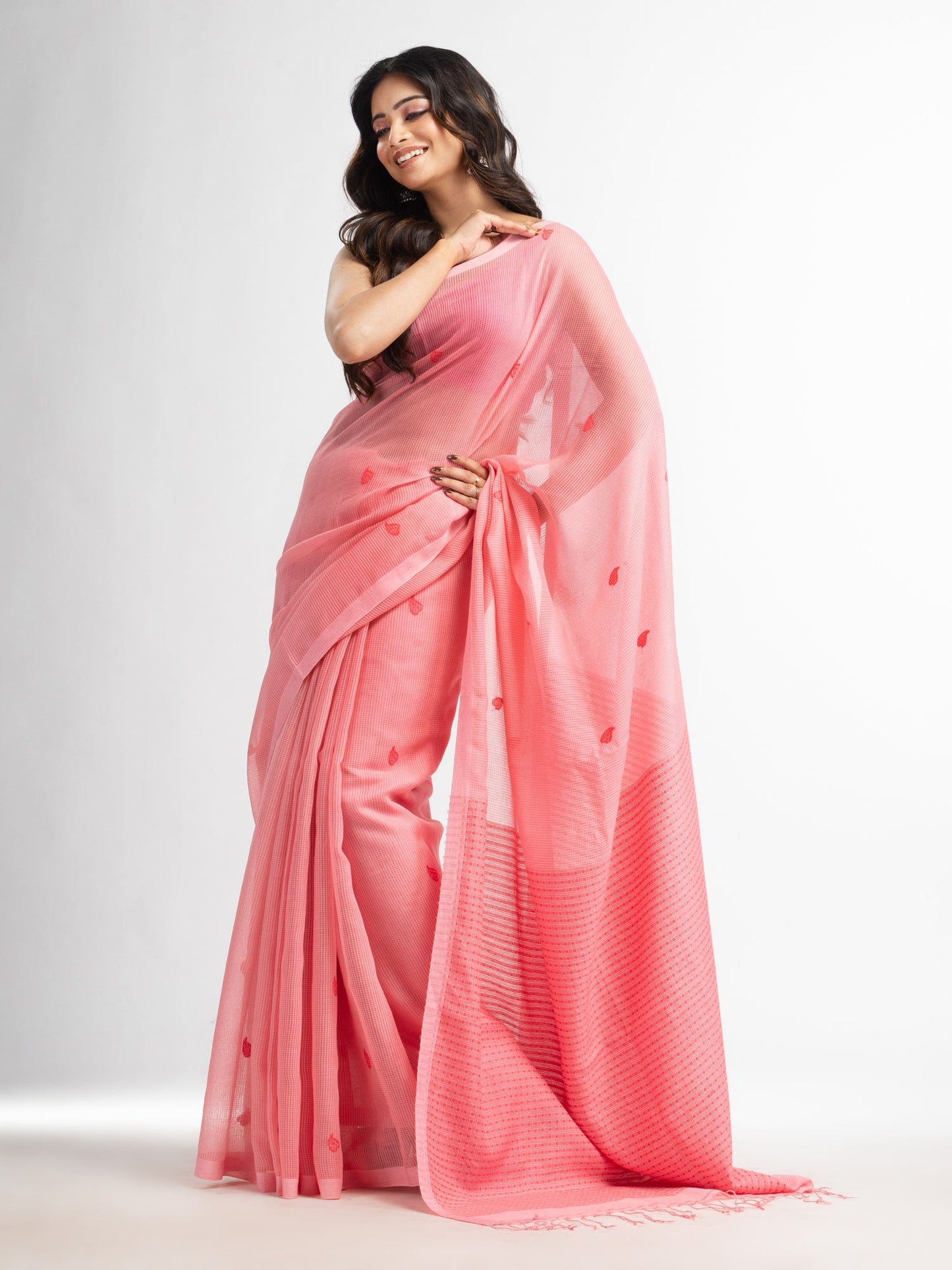 Women's Quartz Pink resham cotton kota check all over Buti jacquqrd Pallu handwoven saree