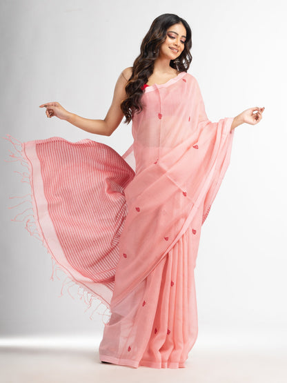 Women's Pink salt resham cotton kota check all over Buti jacquqrd Pallu handwoven saree