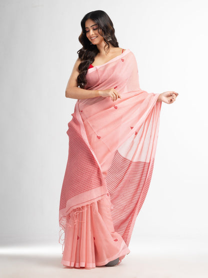 Women's Pink salt resham cotton kota check all over Buti jacquqrd Pallu handwoven saree