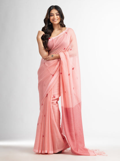 Women's Pink salt resham cotton kota check all over Buti jacquqrd Pallu handwoven saree