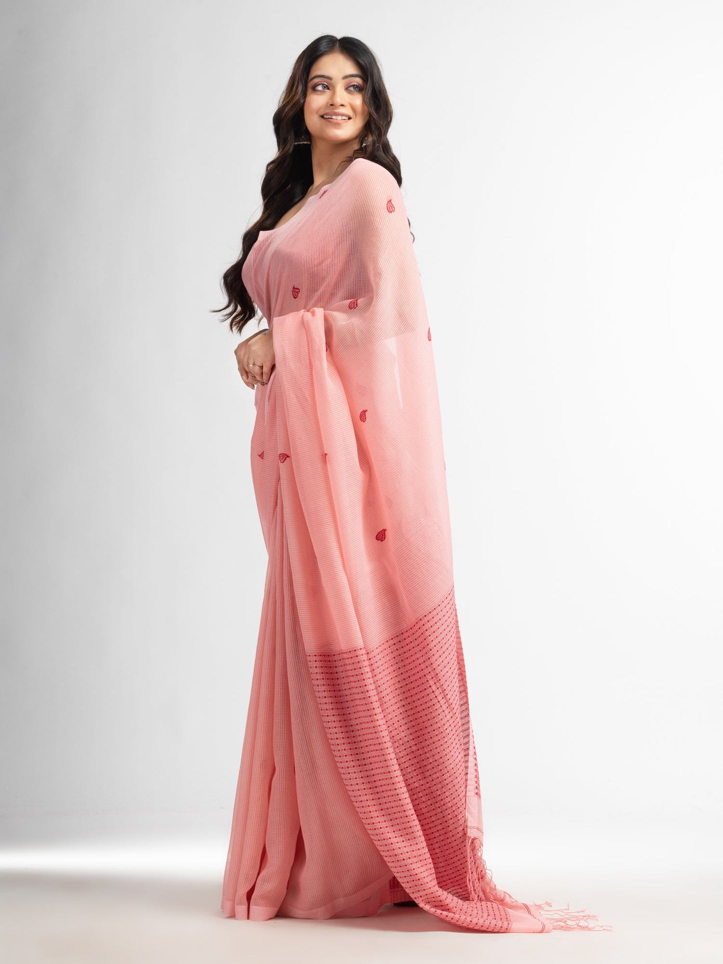 Women's Pink salt resham cotton kota check all over Buti jacquqrd Pallu handwoven saree