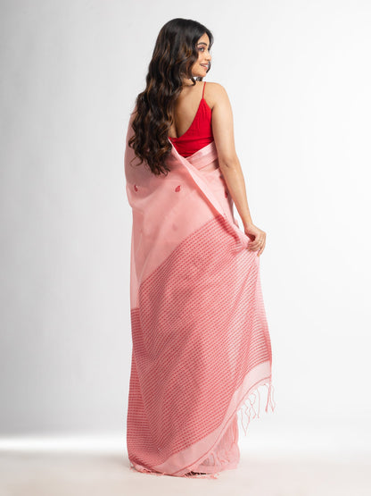 Women's Pink salt resham cotton kota check all over Buti jacquqrd Pallu handwoven saree