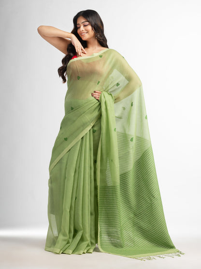 Women's Light Green resham cotton kota check all over Buti jacquqrd Pallu handwoven saree