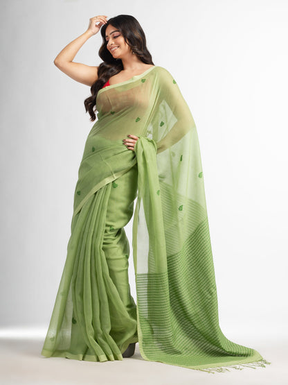 Women's Light Green resham cotton kota check all over Buti jacquqrd Pallu handwoven saree