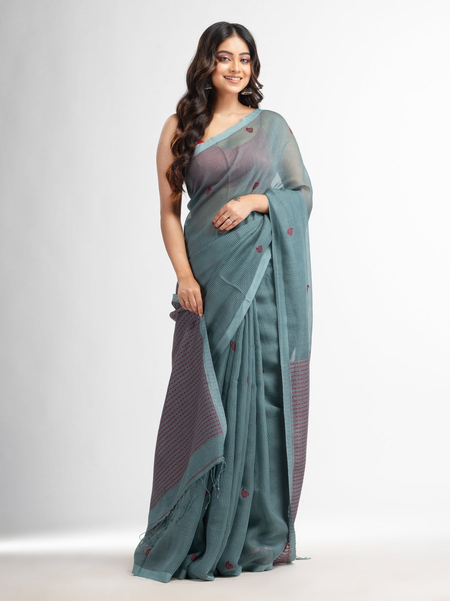 Women's Goofy Grey resham cotton kota check all over Buti jacquqrd Pallu handwoven saree