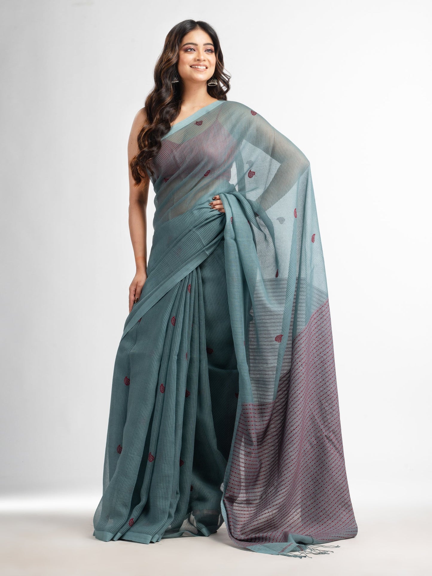 Women's Goofy Grey resham cotton kota check all over Buti jacquqrd Pallu handwoven saree