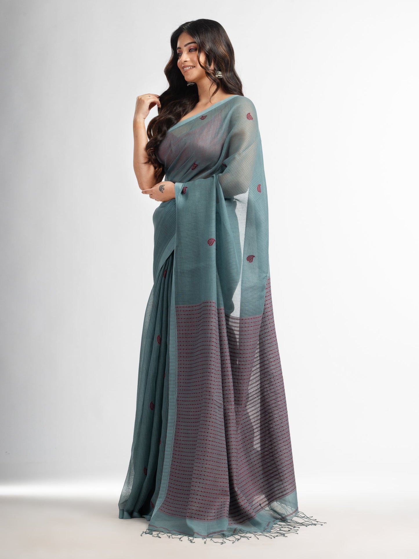 Women's Goofy Grey resham cotton kota check all over Buti jacquqrd Pallu handwoven saree