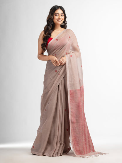 Women's Beige resham cotton kota check all over Buti jacquqrd Pallu handwoven saree