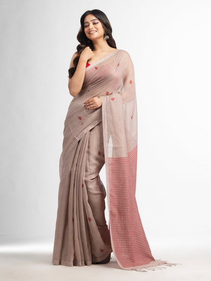 Women's Beige resham cotton kota check all over Buti jacquqrd Pallu handwoven saree