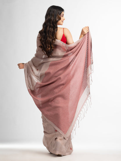 Women's Beige resham cotton kota check all over Buti jacquqrd Pallu handwoven saree