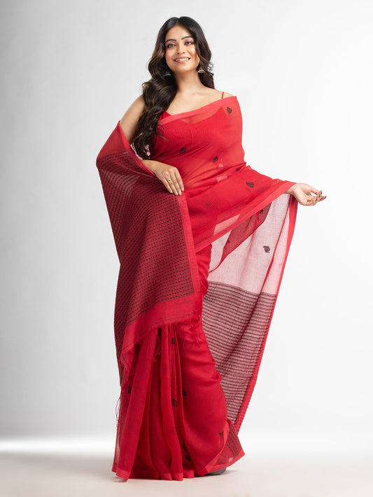 Women's Red resham cotton kota check all over Buti jacquqrd Pallu handwoven saree