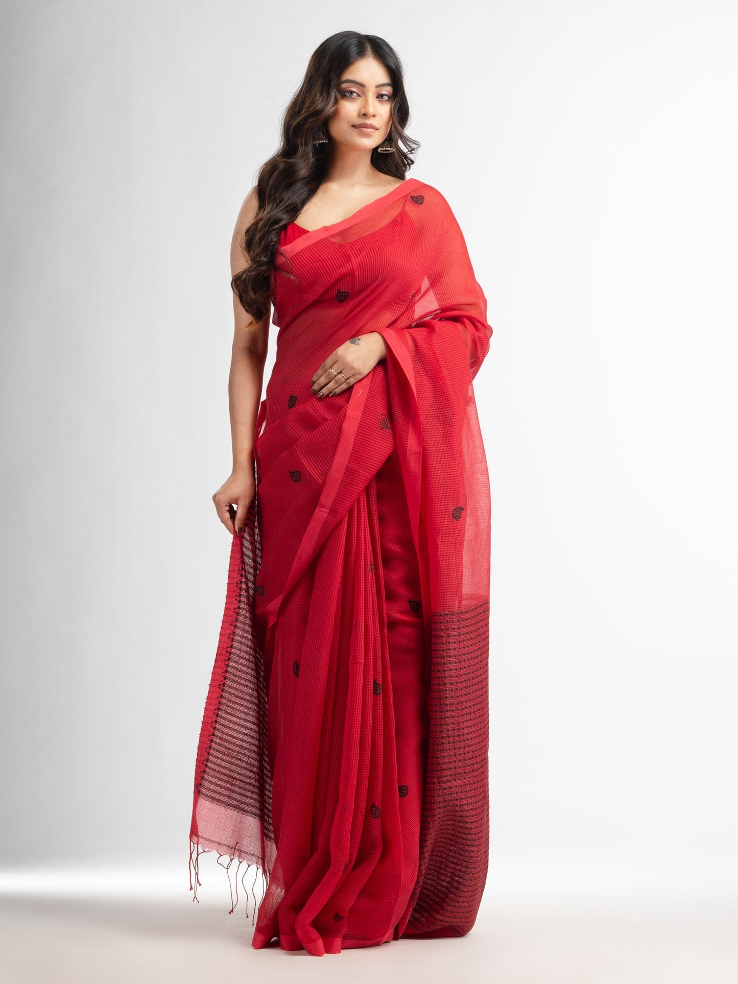 Women's Red resham cotton kota check all over Buti jacquqrd Pallu handwoven saree