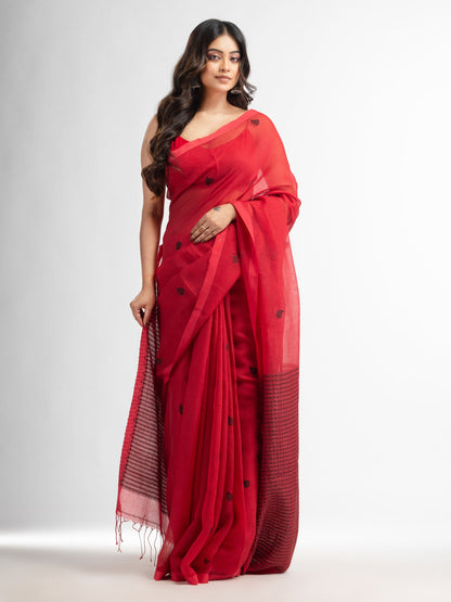 Women's Red resham cotton kota check all over Buti jacquqrd Pallu handwoven saree