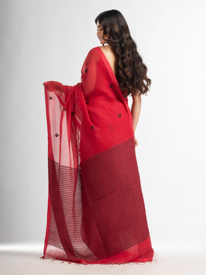 Women's Red resham cotton kota check all over Buti jacquqrd Pallu handwoven saree