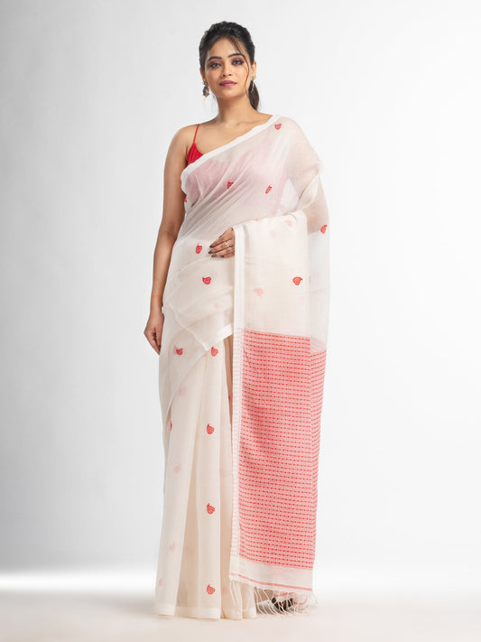Women's White resham cotton kota check all over Buti jacquqrd Pallu handwoven saree