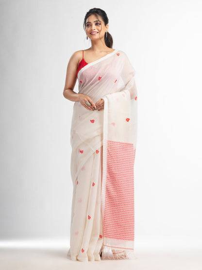 Women's White resham cotton kota check all over Buti jacquqrd Pallu handwoven saree