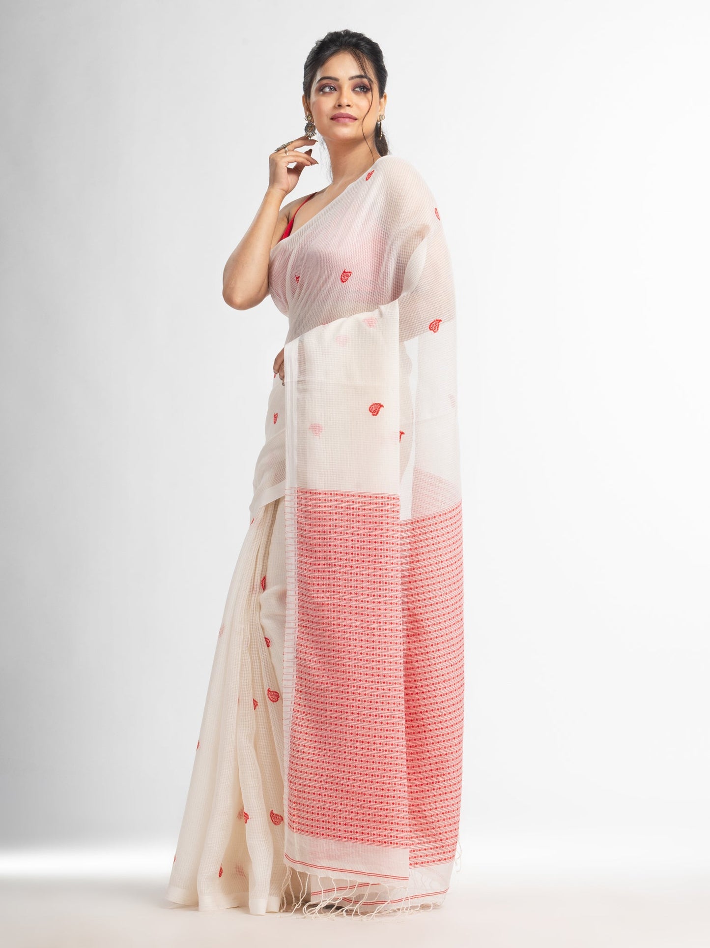 Women's White resham cotton kota check all over Buti jacquqrd Pallu handwoven saree