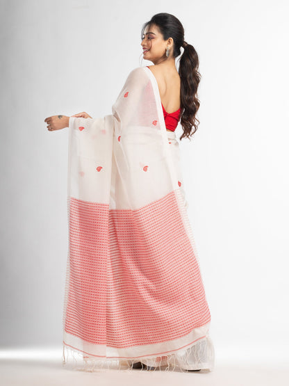 Women's White resham cotton kota check all over Buti jacquqrd Pallu handwoven saree
