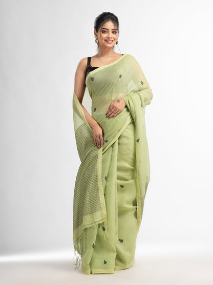 Women's Green resham cotton kota check all over Buti jacquqrd Pallu handwoven saree