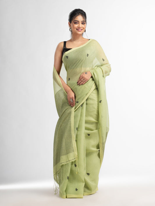 Women's Green resham cotton kota check all over Buti jacquqrd Pallu handwoven saree