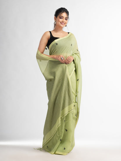 Women's Green resham cotton kota check all over Buti jacquqrd Pallu handwoven saree