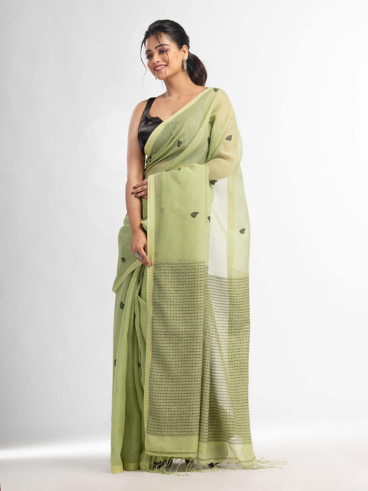Women's Green resham cotton kota check all over Buti jacquqrd Pallu handwoven saree