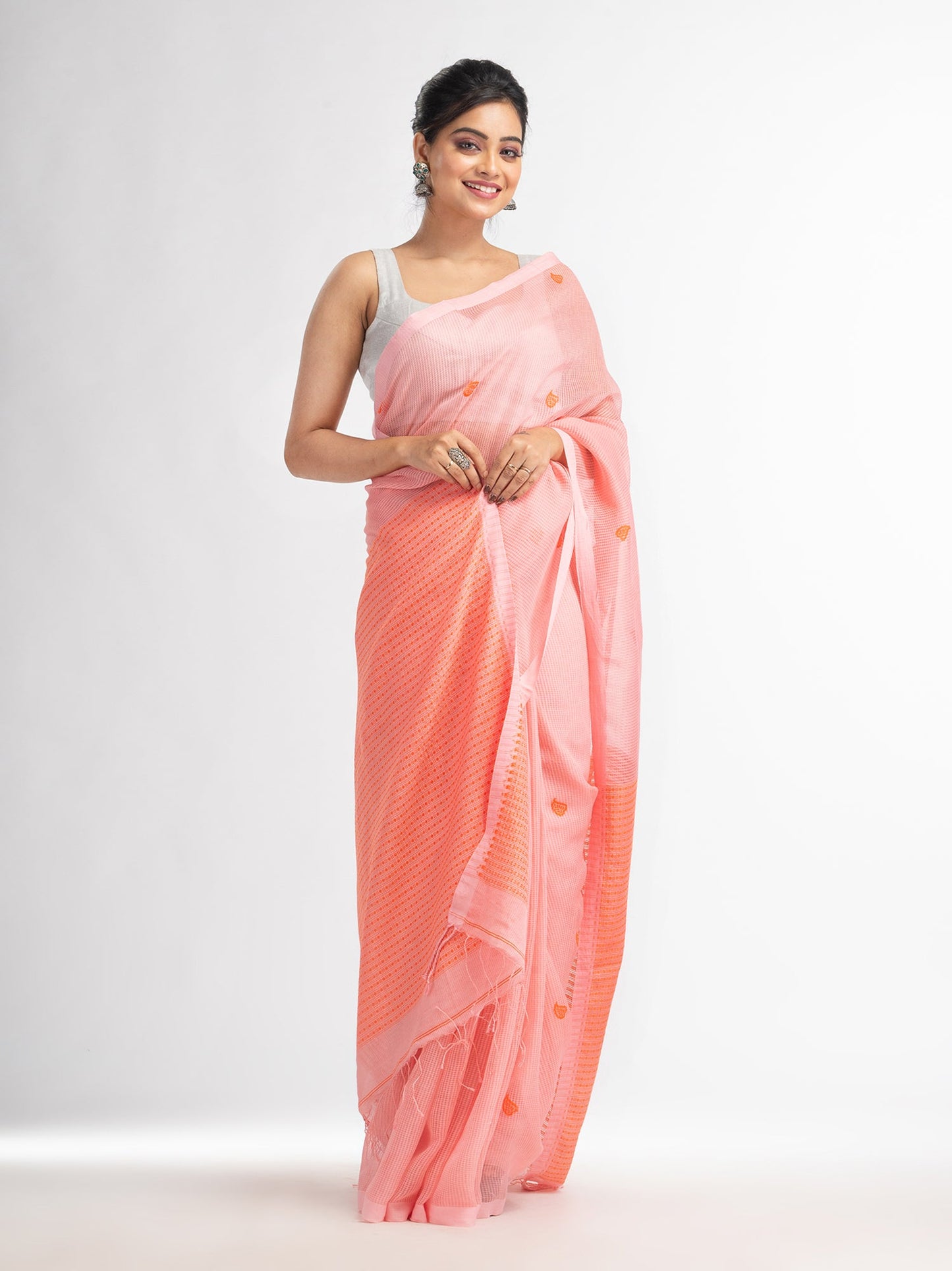 Women's Peachmod resham cotton kota check all over Buti jacquqrd Pallu handwoven saree