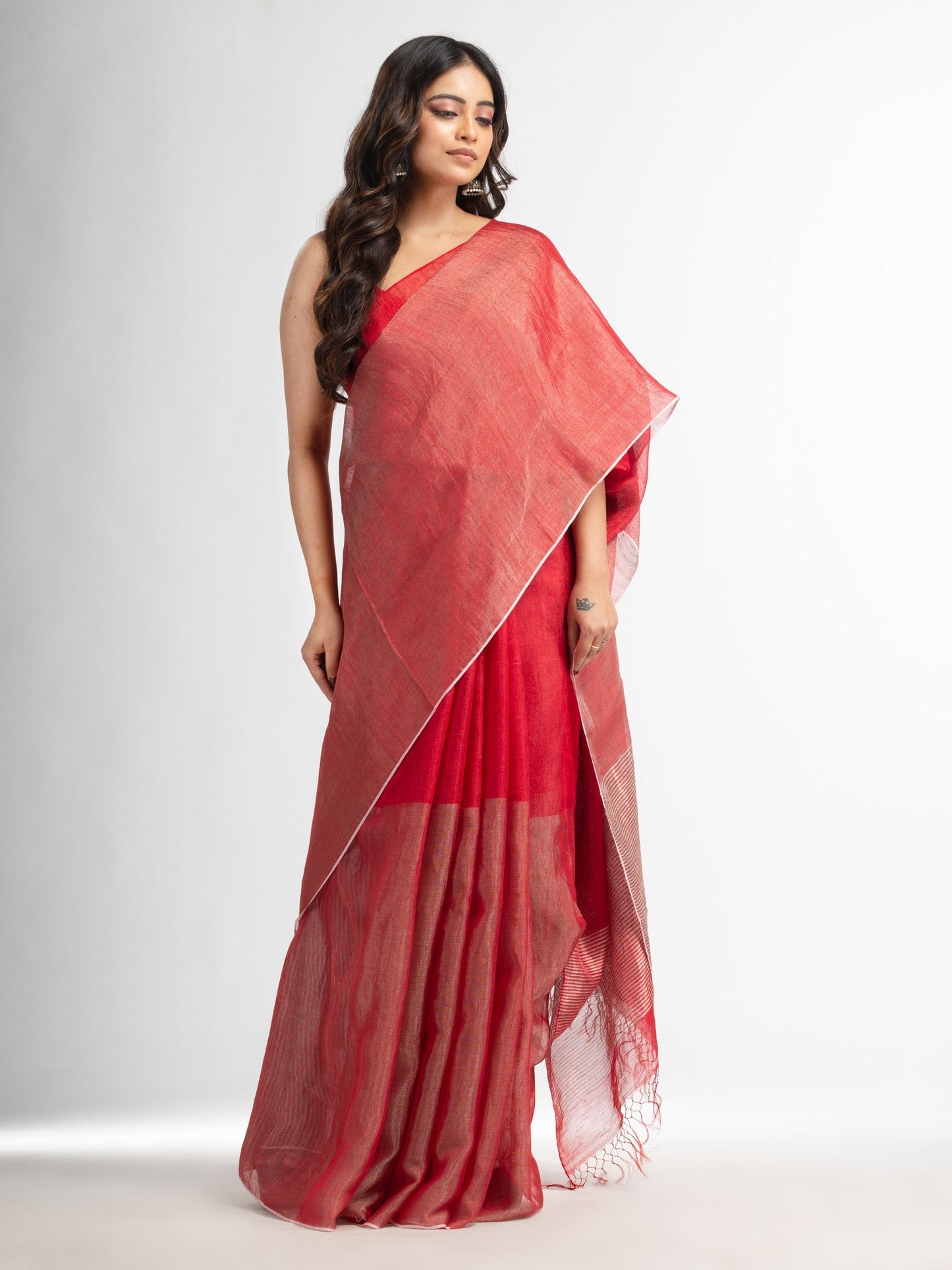 Women's Red tissue linen multi colour pallu handwoven saree