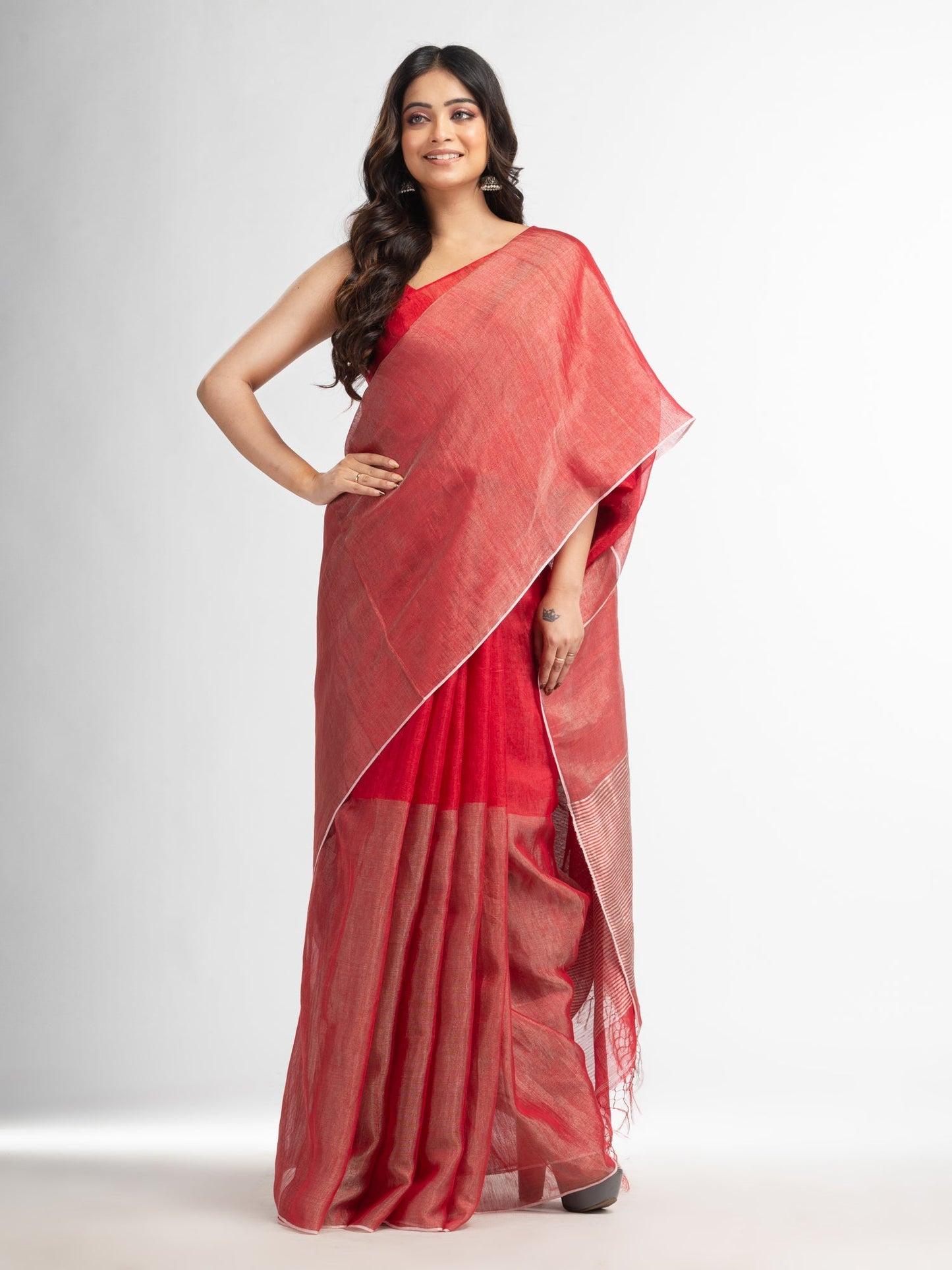 Women's Red tissue linen multi colour pallu handwoven saree