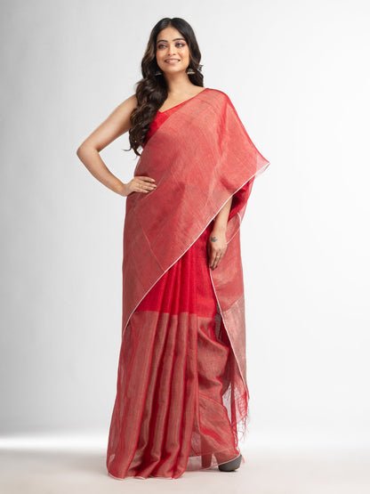 Women's Red tissue linen multi colour pallu handwoven saree