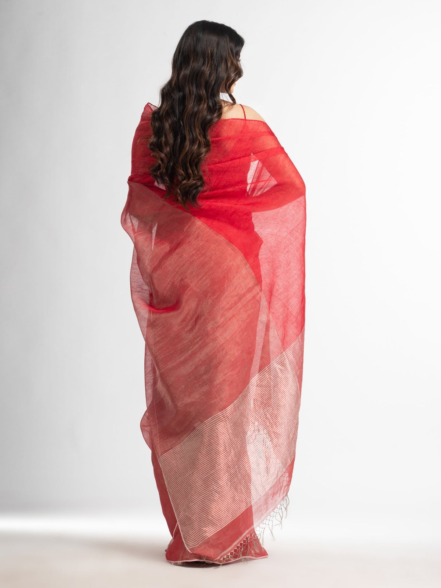 Women's Red tissue linen multi colour pallu handwoven saree