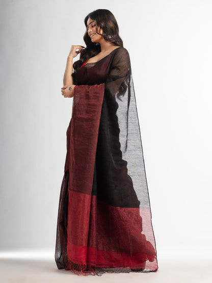 Women's Black tissue linen multi colour pallu handwoven saree