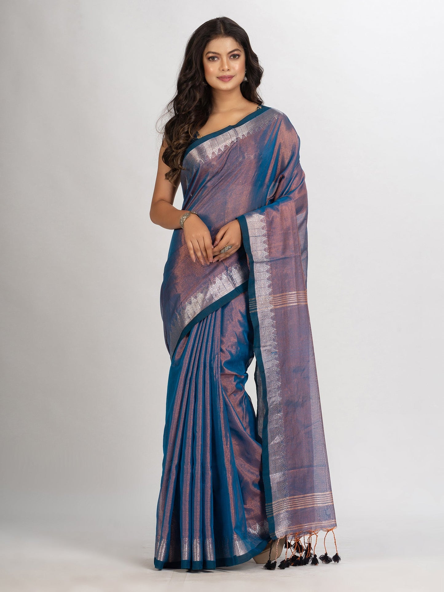 Women's Copper Blue Zari Cotton Tissue Jacquard Border handloom Saree