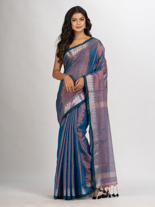 Women's Copper Blue Zari Cotton Tissue Jacquard Border handloom Saree