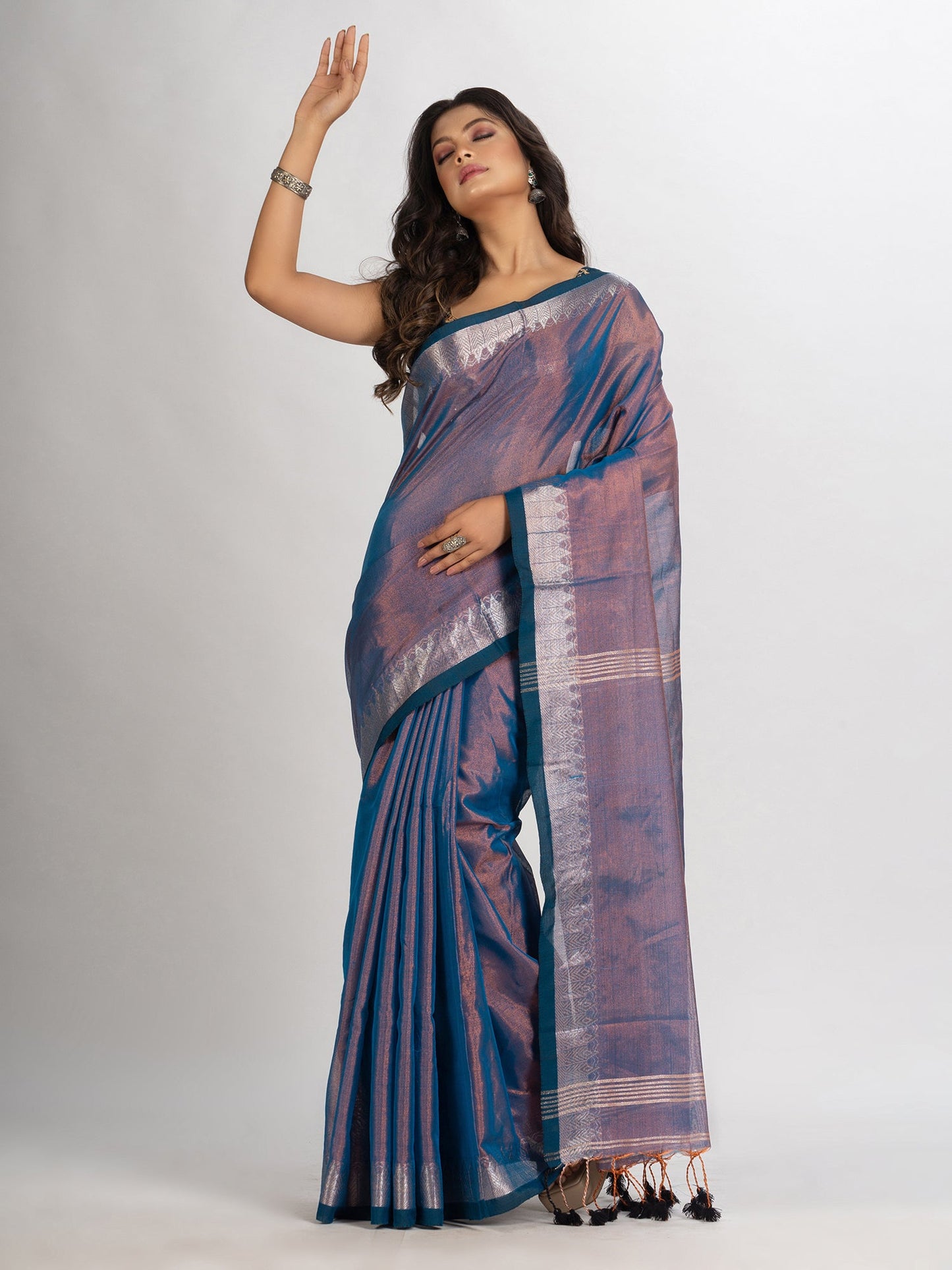 Women's Copper Blue Zari Cotton Tissue Jacquard Border handloom Saree