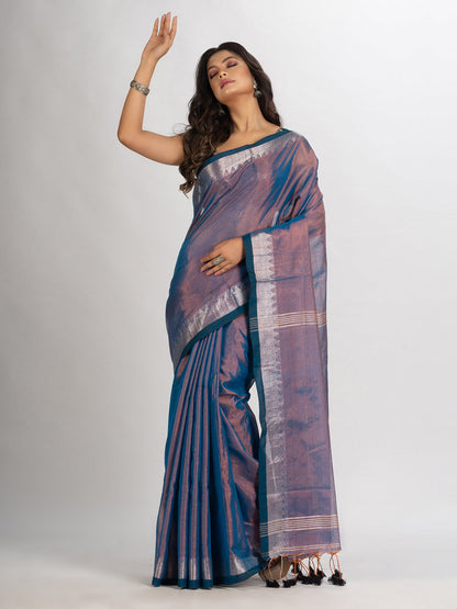 Women's Copper Blue Zari Cotton Tissue Jacquard Border handloom Saree