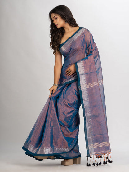 Women's Copper Blue Zari Cotton Tissue Jacquard Border handloom Saree