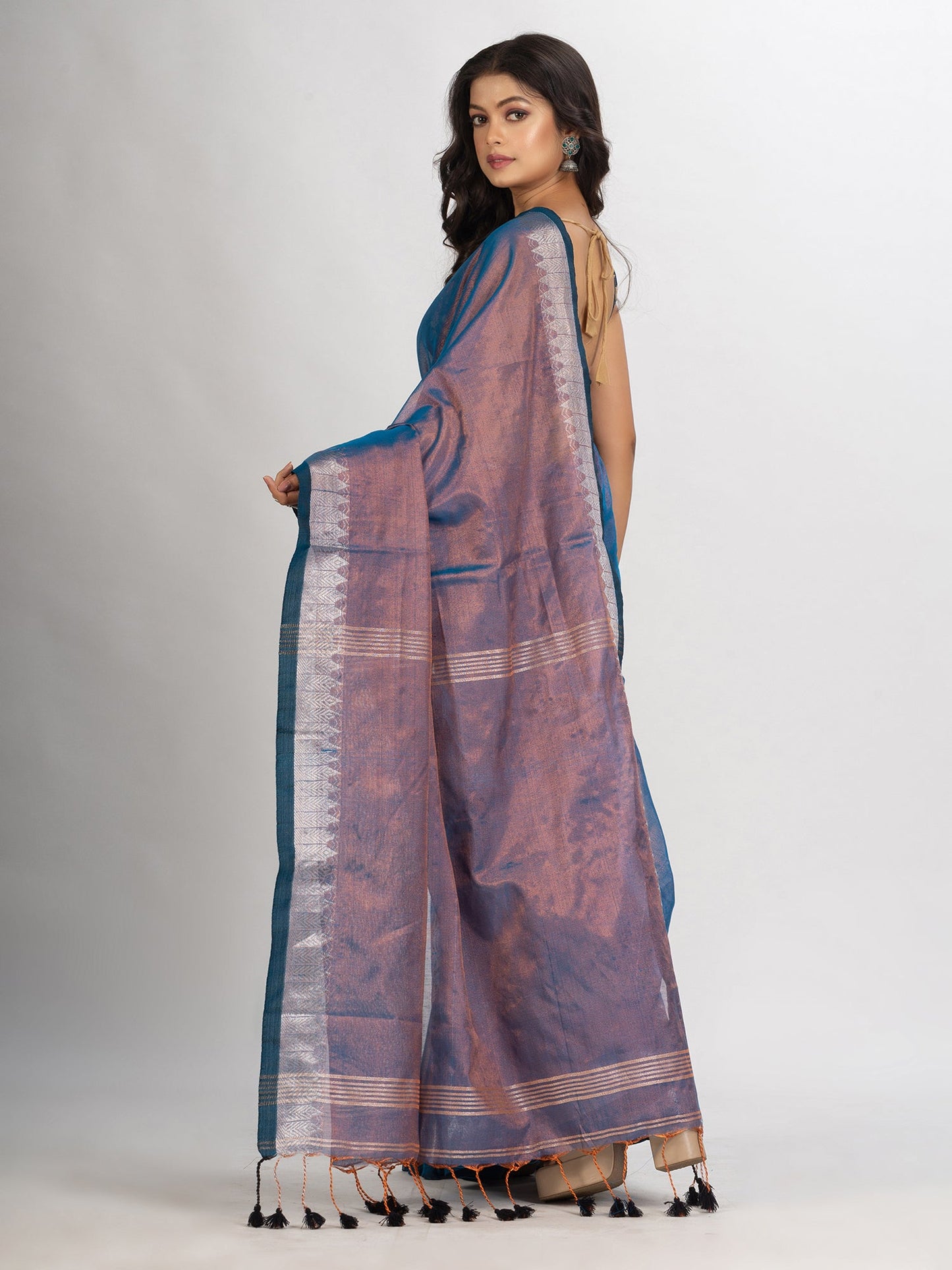 Women's Copper Blue Zari Cotton Tissue Jacquard Border handloom Saree
