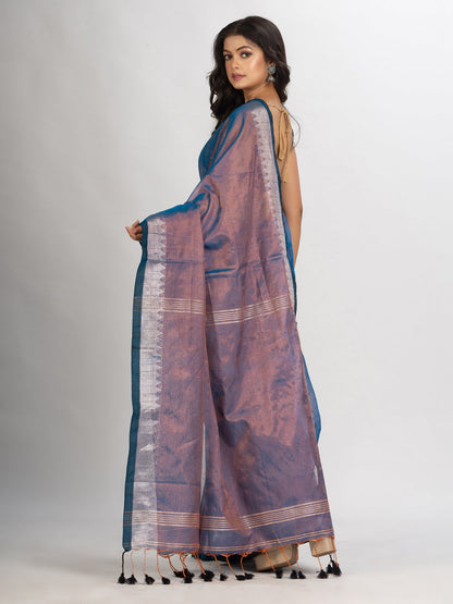 Women's Copper Blue Zari Cotton Tissue Jacquard Border handloom Saree