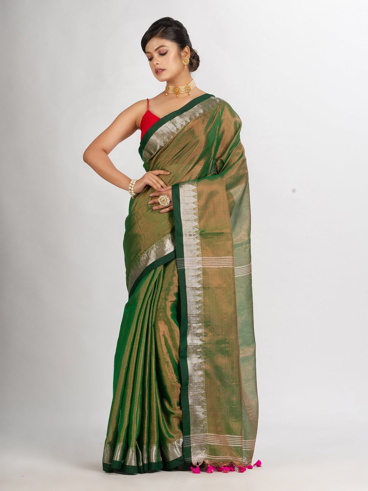 Women's Green Zari Cotton Tissue Jacquard Border handloom Saree