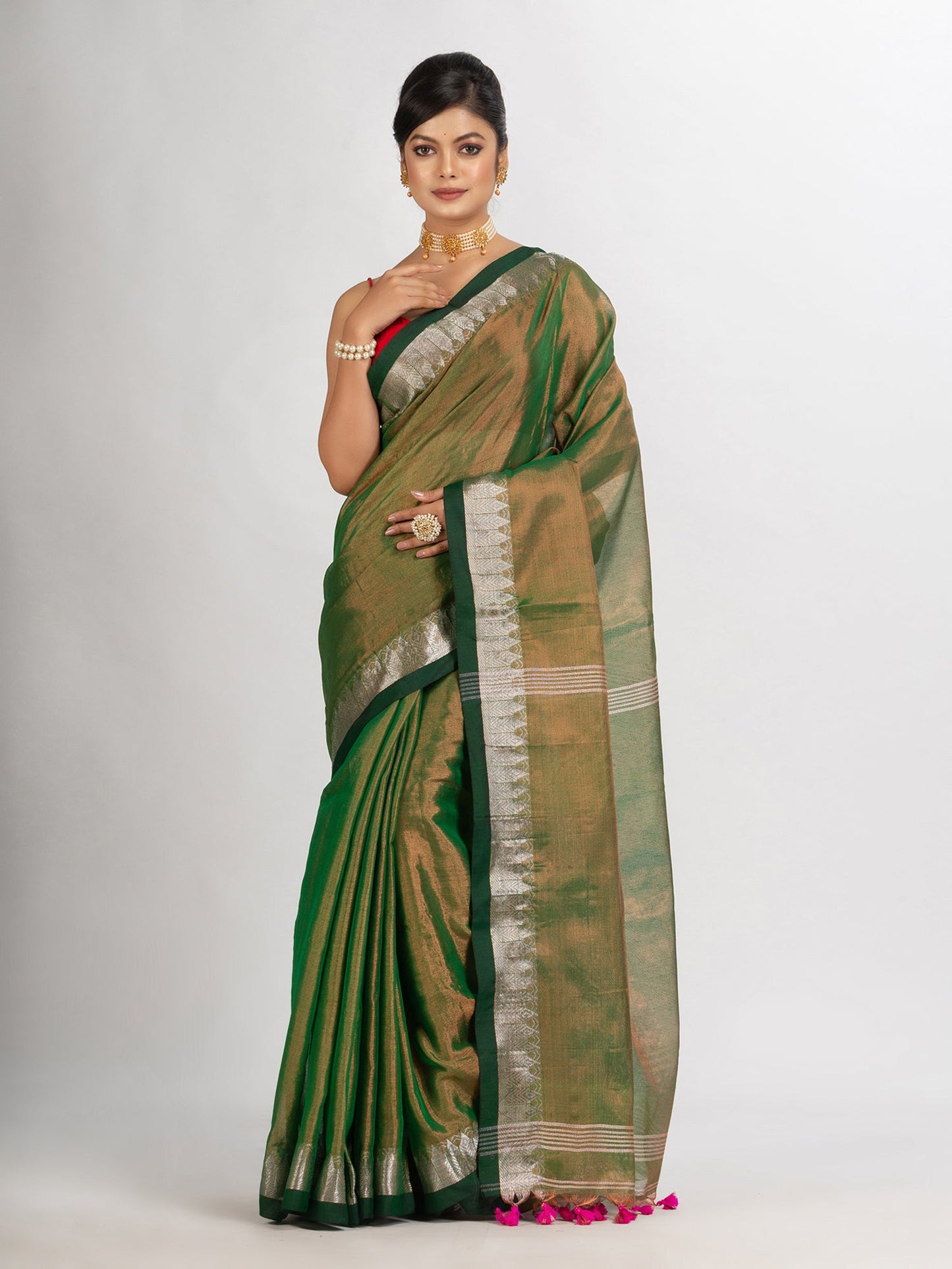 Women's Green Zari Cotton Tissue Jacquard Border handloom Saree