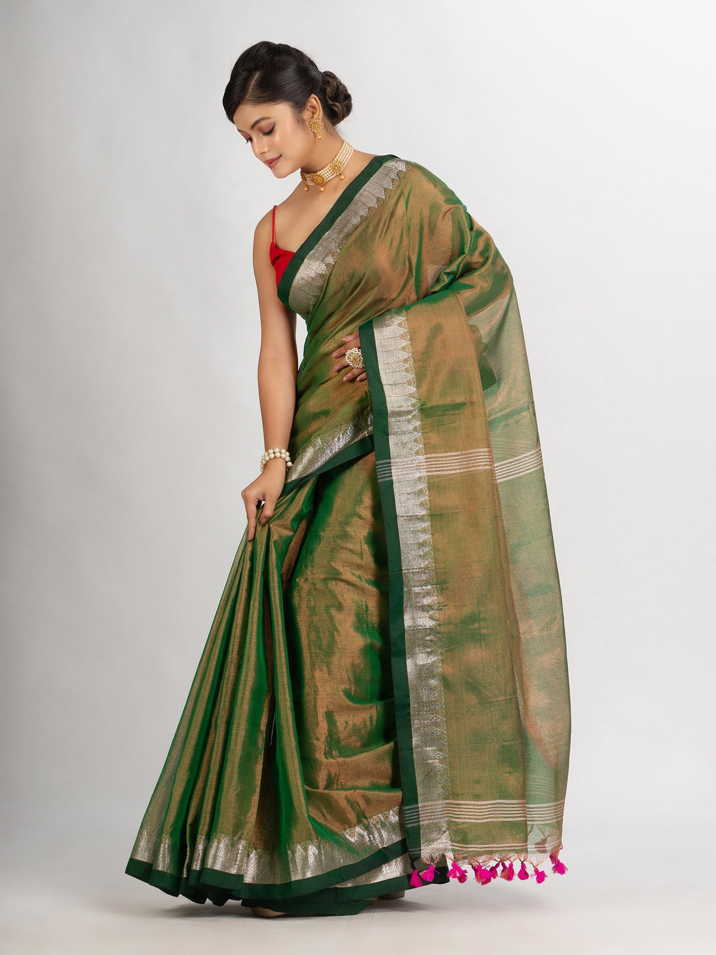 Women's Green Zari Cotton Tissue Jacquard Border handloom Saree