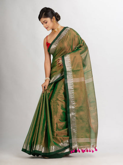 Women's Green Zari Cotton Tissue Jacquard Border handloom Saree