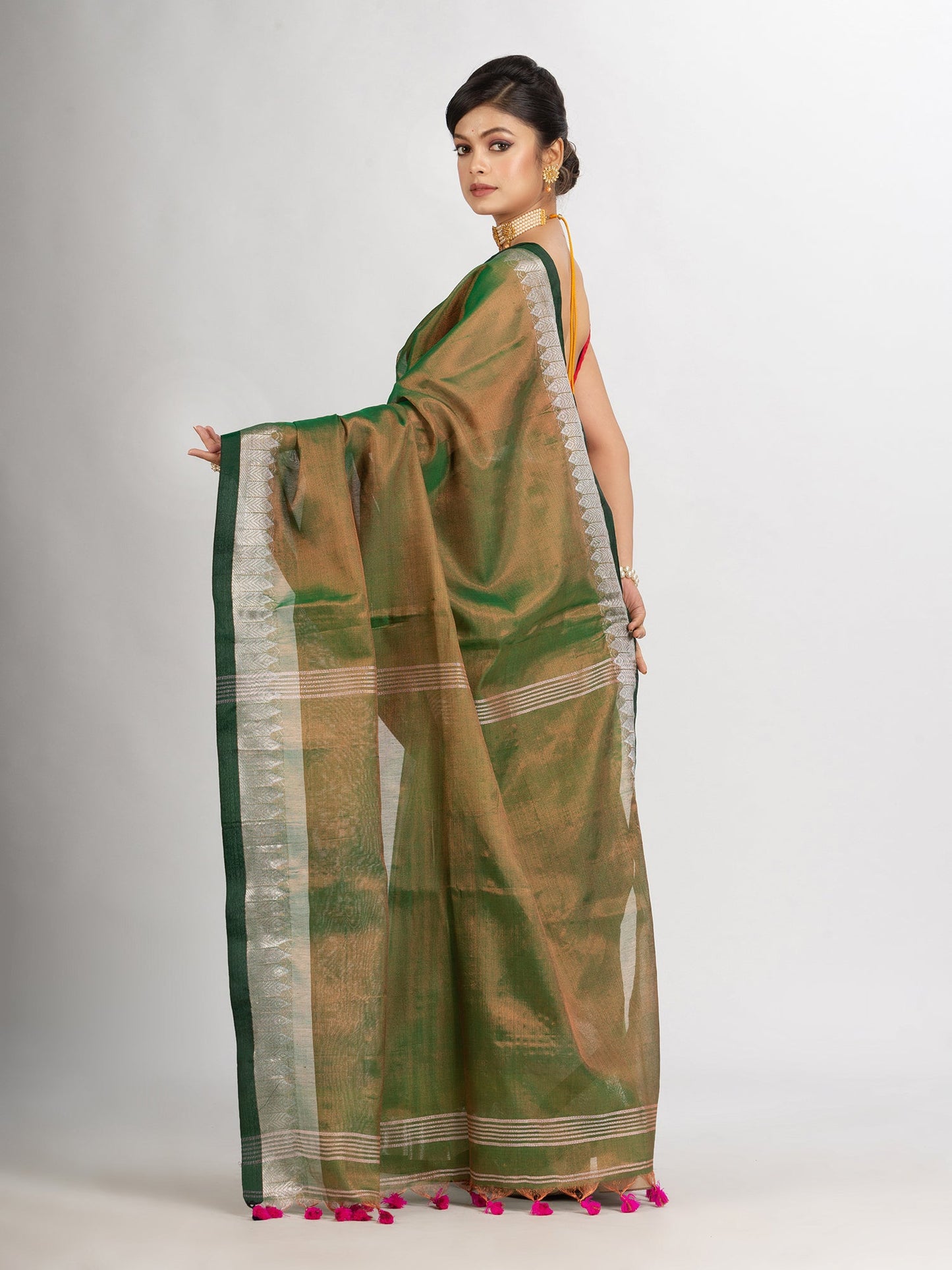 Women's Green Zari Cotton Tissue Jacquard Border handloom Saree