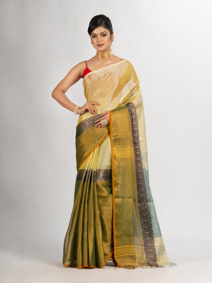 Women's Green And Off White Zari Cotton TissueMadhumani Jacquard handloom Saree