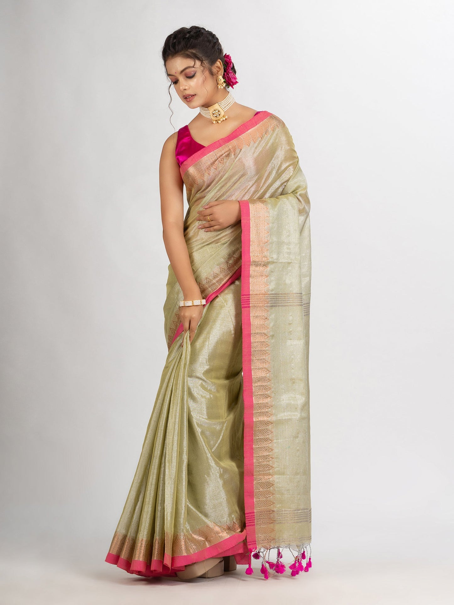 Women's Tasar Cream Zari Cotton Tissue Jacquard Border handloom Saree